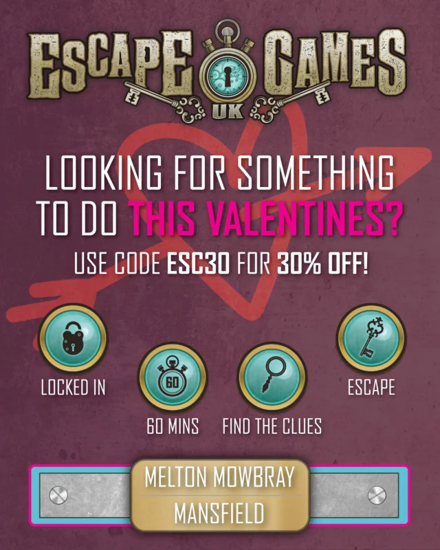 Roses are red 🌹
Violets are blue 💙
Solve puzzles together…
And save 30% too!

Use code ESC30 for 30% OFF your Valentine’s escape for a limited time only! ⏳🗝️

www.ukescapegames.com